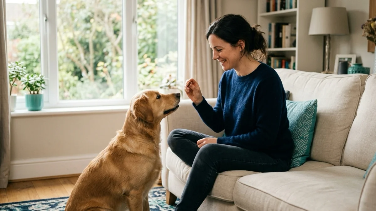 An owner rewarding a dog for being quiet on cue with positive reinforcement.