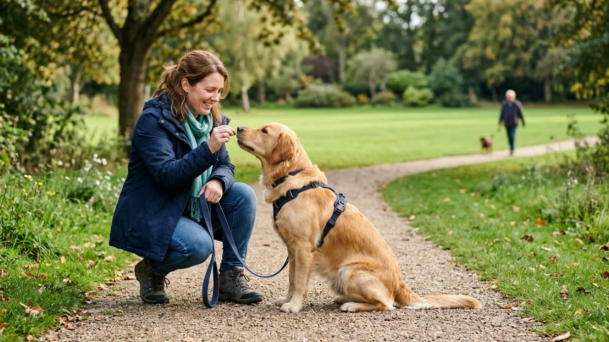 An owner feeding treats to a calm dog while another dog passes at a distance.
