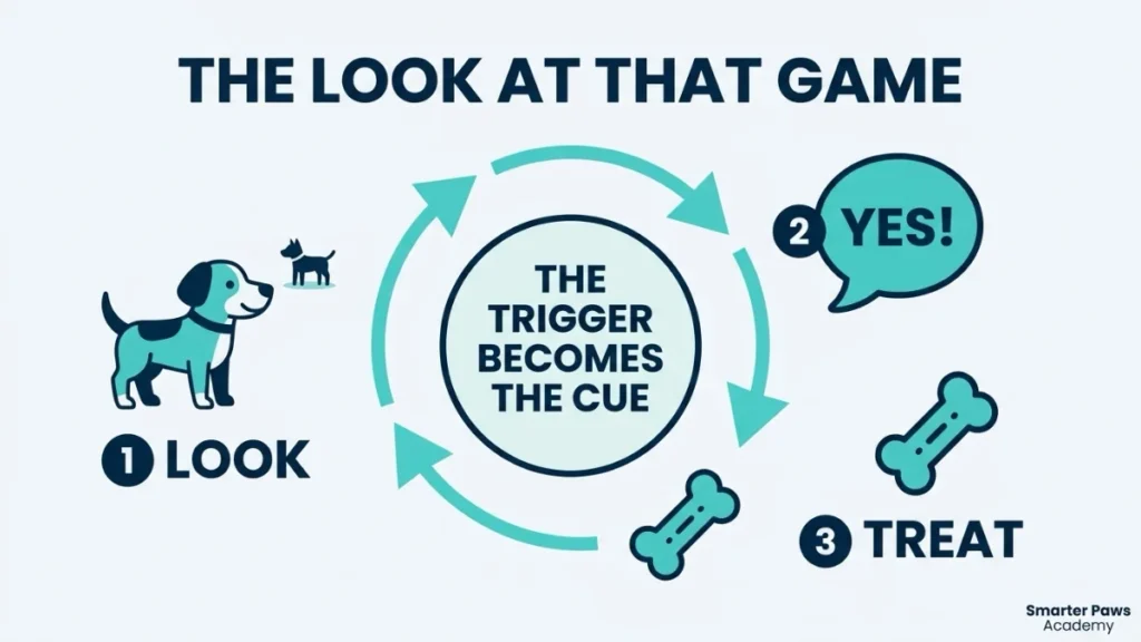 Diagram of the Look at That game loop, look then yes then treat.