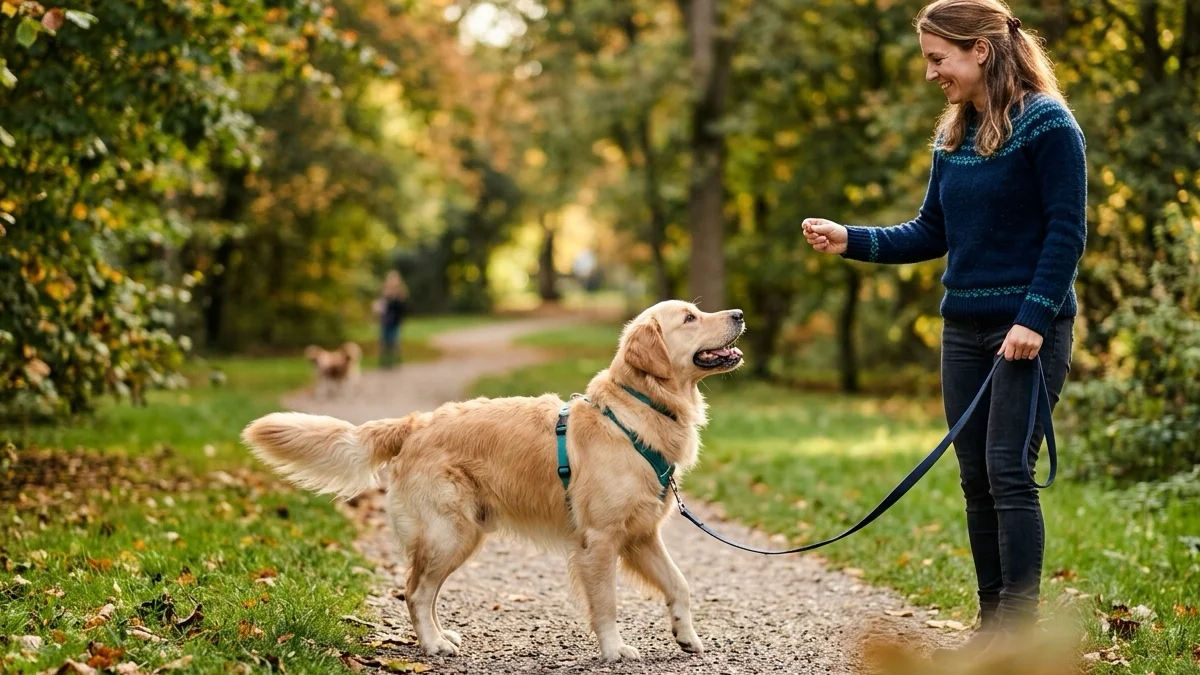 A dog checking in with its owner after noticing a distant dog.