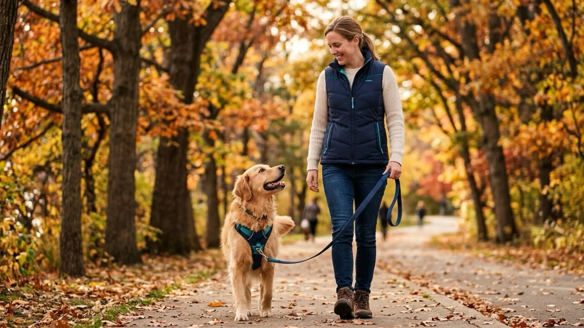 A dog walking calmly on a loose leash beside its owner.