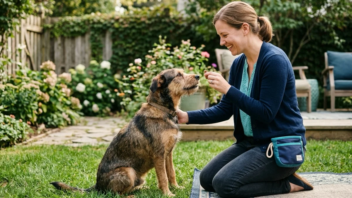 An owner rewarding an attentive dog during a positive reinforcement training session.