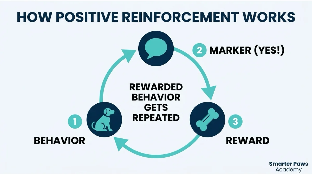 Diagram of the positive reinforcement loop, behavior then marker then reward.