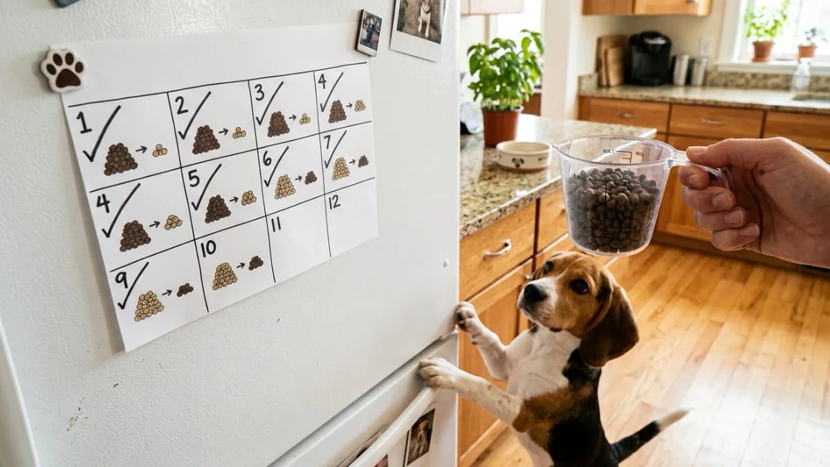A 10-day puppy food switch plan on a fridge calendar, with a beagle puppy looking up at a scoop of kibble.