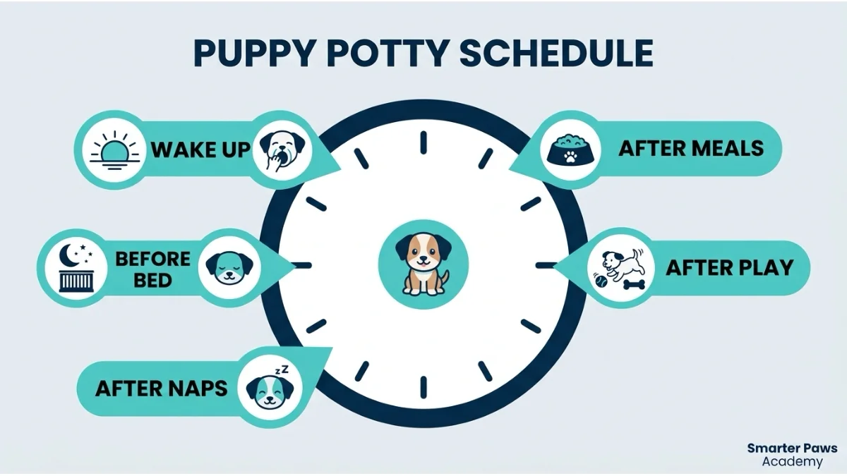 A daily puppy potty schedule showing the best times to take a puppy outside.