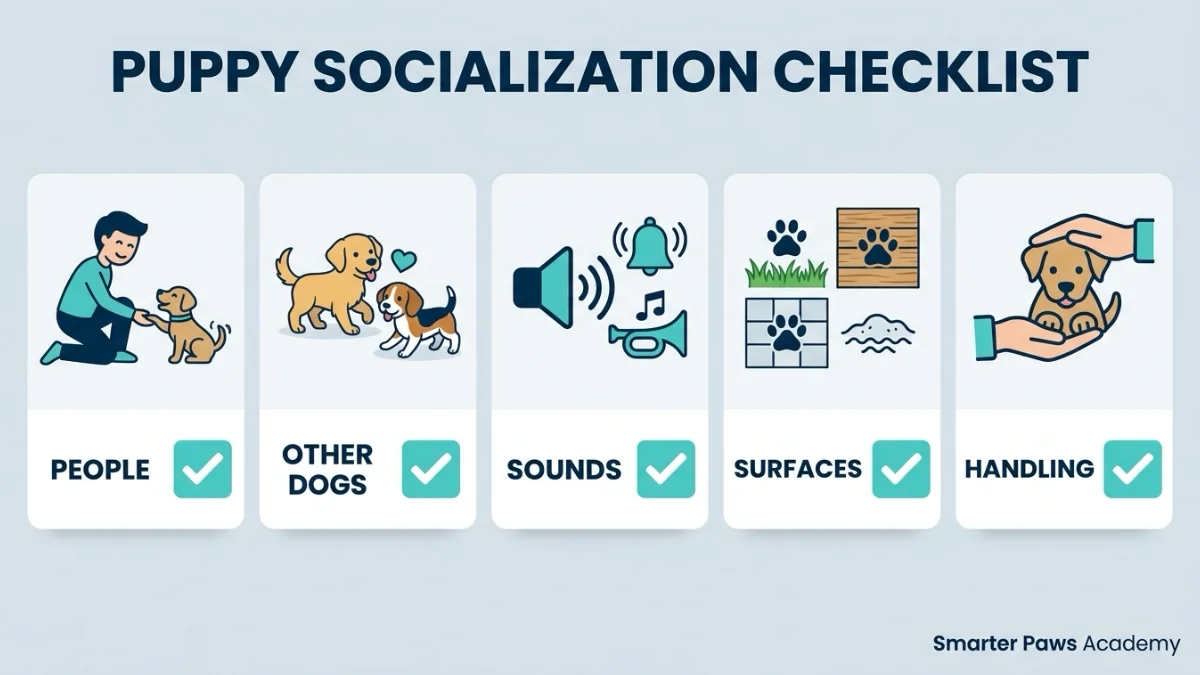 Puppy socialization checklist categories: people, dogs, sounds, surfaces and handling.