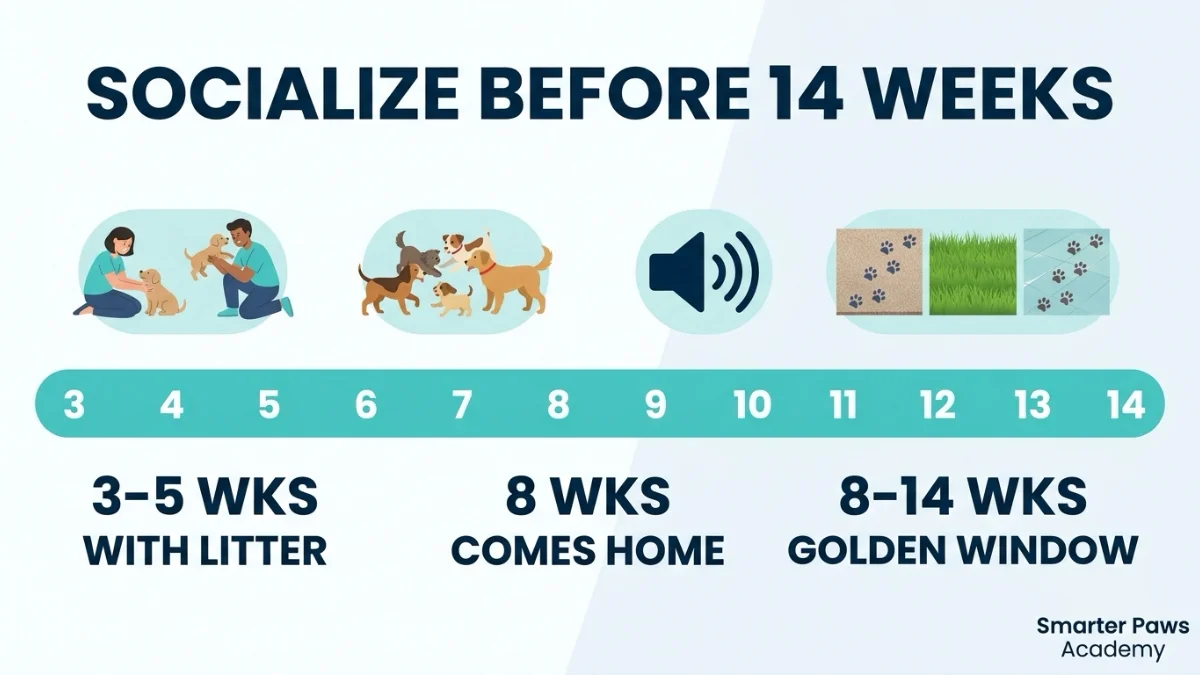 Timeline of the puppy socialization window from 3 to 14 weeks.