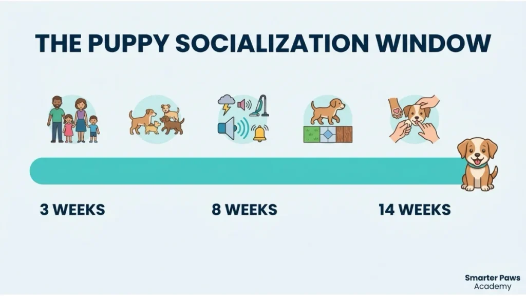 Timeline infographic showing the puppy socialization window from 3 to 14 weeks.