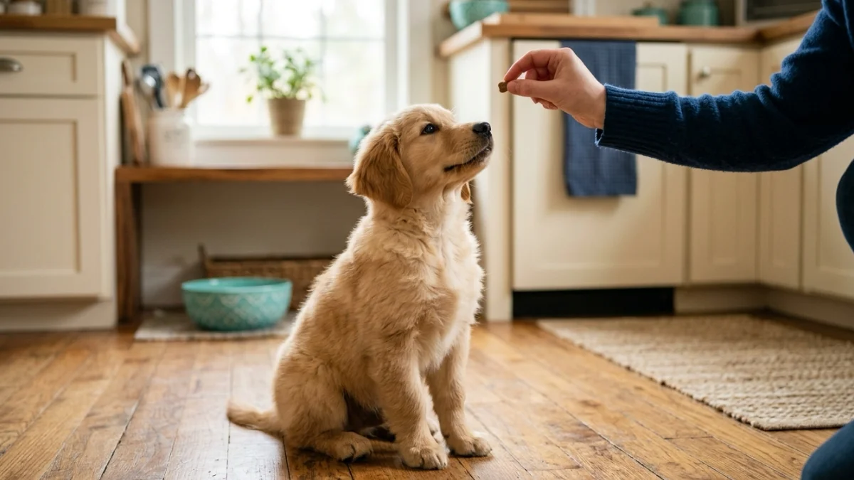 A happy puppy sitting attentively for a treat during a positive training session.