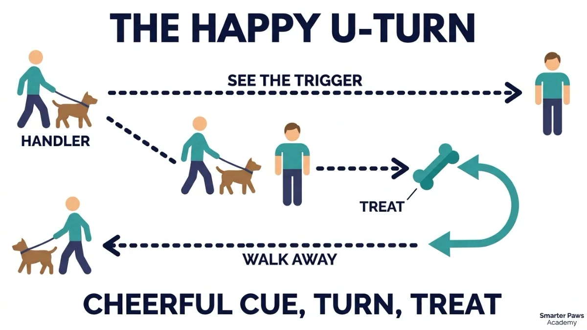 Diagram of the happy U-turn maneuver for a reactive dog.