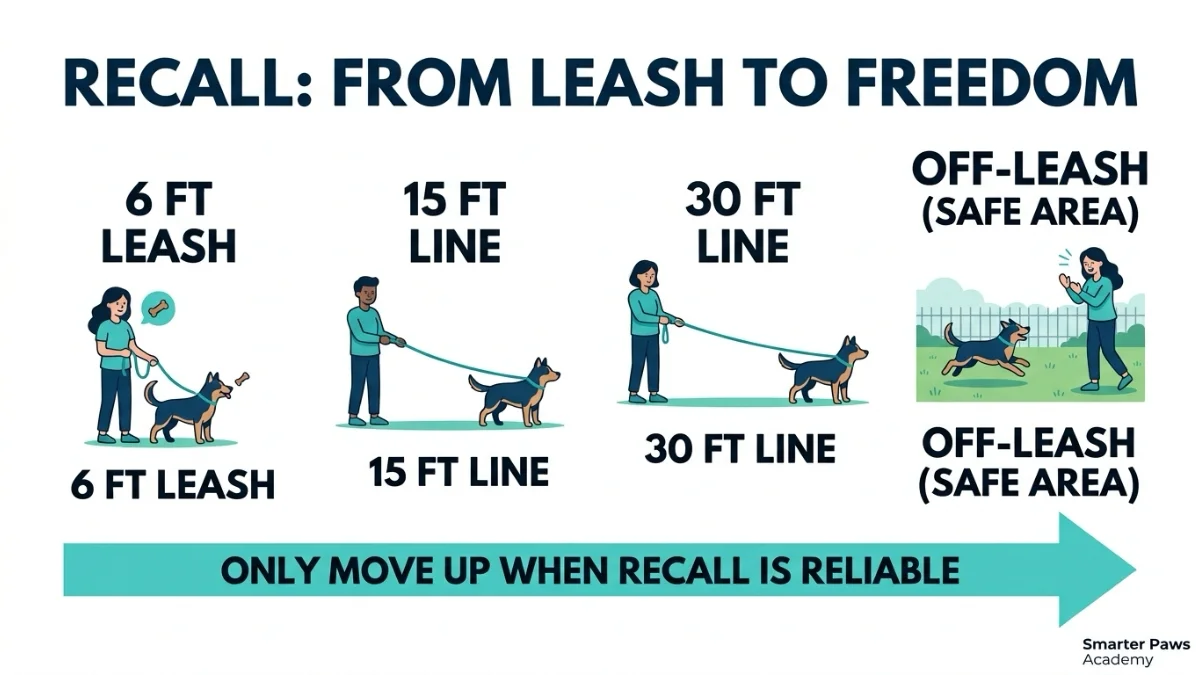 Graphic showing recall training progression from short leash to long line to off-leash.