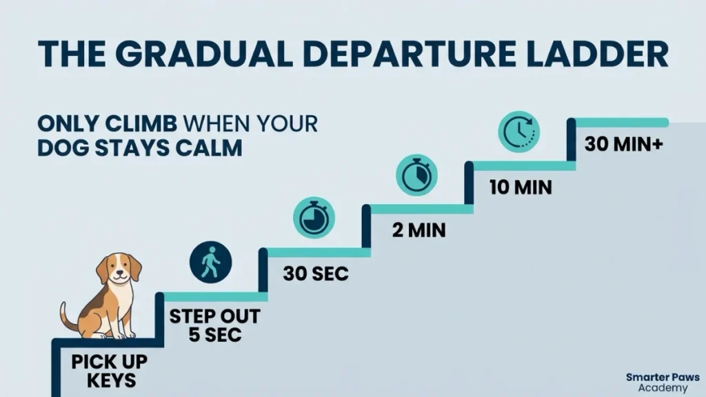 A gradual departure ladder for treating dog separation anxiety with desensitization.