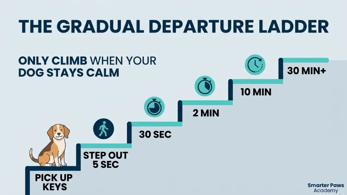 A gradual departure ladder for treating dog separation anxiety with desensitization.