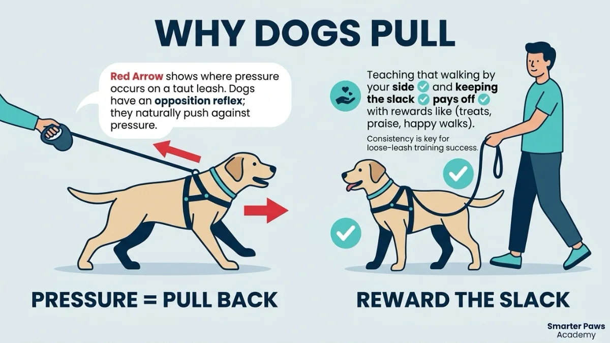 Infographic explaining the opposition reflex and why dogs pull on the leash, with the positive fix.